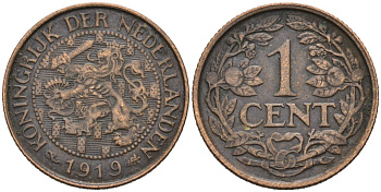 Нидерланды 1 цент 1919 Вильгельмина (1890-1948) KM 152 бронза 4576-726