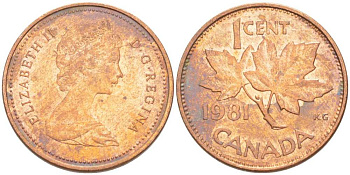 Канада 1 цент 1981 Елизавета II (1952-2022), кленовый лист KM 127 бронза 75-1249