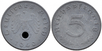 ГЕРМАНИЯ 5 РЕЙХСПФЕННИГОВ 1940 A, KM 100, J. 370 цинк 3309-831