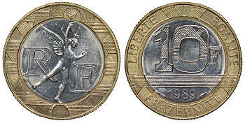 Франция 10 франков 1989 тип гений Бастилии KM 964.1, Le Franc 375.3 биметалл  UNC 4128-516