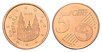 Испания 5 евроцентов 2025 тираж 2.500 экземпляров KM 1146 сталь плакированная медью BU 4174-1012
