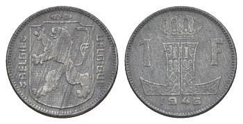 Бельгия 1 франк 1946 Belgie - Belgique, Леопольд III (1934-1947), германская оккупация, Вторая мировая война KM 128 цинк 4613-1016