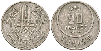 Тунис 20 франков 1950 KM 274 медно-никель 4364-1754