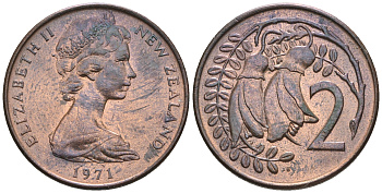 Новая Зеландия 2 цента 1971 Елизавета II (1952-2022), два цветка каухаи KM 32.1 бронза  UNC  4176-721