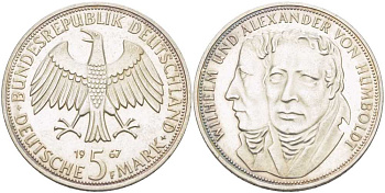 ФРГ 5 марок 1967 F, Вильгельм и Александр фон Гумбольдт J. 395, KM 120.1 серебро 180-734