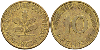 ФРГ 10 пфеннигов 1987 J KM 108 сталь плакированная латунью 4126-537