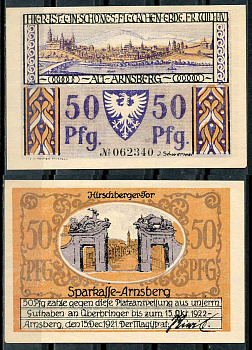 Германия, Арнсберг 50 пфеннигов 1921 нотгельд, 15 декабря 1921 - 15 октября 1922 Grabowski 42.2 бумага UNC (пресс) 00-00