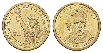 США 1 доллар 2008 P, Президент США - Эндрю Джексон (1829-1837) KM 428 медь с марганцево-латунным покрытием UNC 4629-242