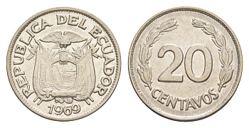 Эквадор 20 сентаво 1969 KM 77.1c сталь плакированная никелем 4640-1229