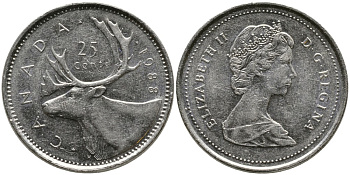 КАНАДА 25 ЦЕНТОВ 1988 ЕЛИЗАВЕТА II (1952-), ОЛЕНЬ, ВТОРОЙ ПОРТРЕТ В КОРОНЕ KM 74 никель 4543-751