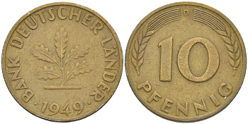 ФРГ 10 ПФЕННИГОВ 1949 D KM 103, J. 378 сталь плакированная латунью 4182-736