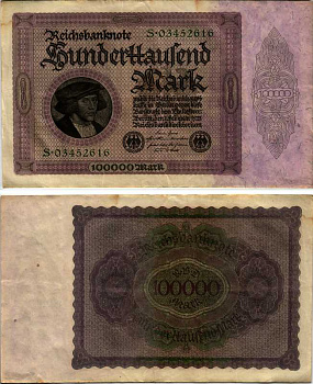 ГЕРМАНИЯ 100000 МАРОК 1923 1 ФЕВРАЛЯ 1923, ДВЕ СЕРИИ Pick 83b бумага 6318-22-1