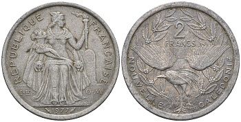 Французская Новая Каледония 2 франка 1977 птица кагу, (IEOM) KM 14, Schoen 11, Lec 58 алюминий    27-422