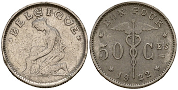 Бельгия 50 сантимов 1922 Belgique, Альберт I (1910-1934) KM 87 никель 67-1131