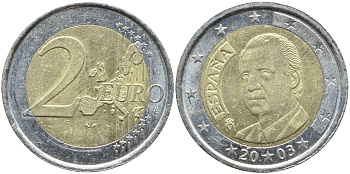 ИСПАНИЯ 2 ЕВРО 2003 KM 1047 биметалл 93-546