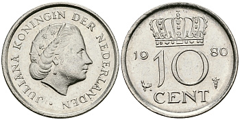 Нидерланды 10 центов 1980 Юлиана (1949-1980) KM 182 никель 96-541