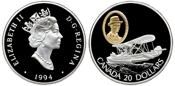Канада 20 долларов 1994 канадский самолет Виккерс Ведетт KM 247 серебро, позолота PROOF 4-3-2-15