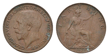 Великобритания 1 фартинг 1922 Георг V (1910-1936) KM 808.2, Spink 4060 бронза 4664-253
