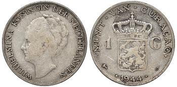 Нидерландское Кюрасао 1 гульден 1944 D, Вильгельмина (1890-1948) KM 45 серебро 36-143