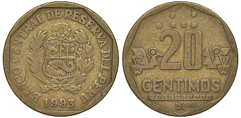 Перу 20 сентимо 1993 KM 306.1 латунь 4605-437