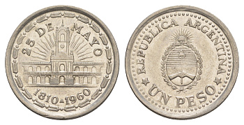 Аргентина 1 песо 1960 150 лет свержению Испанского Вице-короля KM 58 сталь плакированная никелем 4637-333