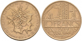 Франция 10 франков 1976 тип Матье KM 940, Le Franc 365.7-8 никель латунь 3855-723
