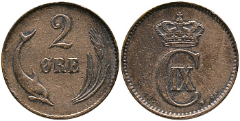 ДАНИЯ 2 ЭРЕ 1874 КРИСТИАН IX (1863-1906) KM 793.1 бронза 28-1015