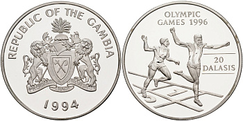 Гамбия 20 даласи 1994 Олимпийские игры 1996 года в Атланте, бег KM 47 серебро PROOF 1098-1-61