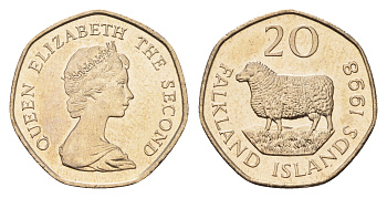 Фолклендские острова (Фолкленды) 20 пенсов 1998 Елизавета II (1952-2022), овца Ромни-марш KM 17 медно-никель  UNC  4675-224