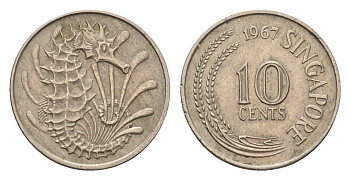 Сингапур 10 центов 1967 морской конек KM 3 медно-никель 4549-732