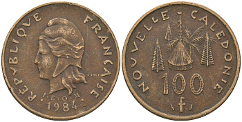 Французская Новая Каледония 100 франков 1984 хижина среди сосен и пальм, (IEOM) KM 15, Schoen 16, Lec 134 никель бронза 88-412