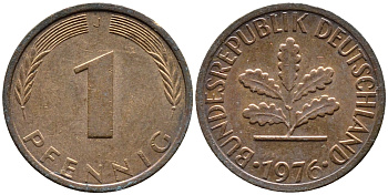 ФРГ 1 ПФЕННИГ 1976 J KM105, J.380 сталь плакированная медью 4392-441