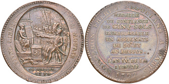 Франция 5 солей (су) 1792 LAN 4, революции, токен, VIVRE LIBRAS OU MOURIR ("Жить свободным или умереть", MONNERON FRERES NEGOCIANS A PARIS (Торговцы братья Моннерон. Париж). KM Tn31, Guilloteau 291, Mazard 145 бронза 4552-1014