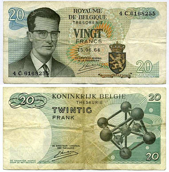 Бельгия 20 франков 1964 Бодуэн I, атомиум, Kestens Pick 138 (3) бумага 7221-58-3-1