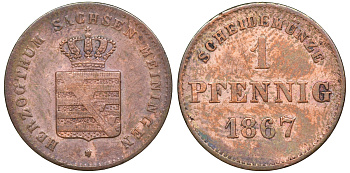 Саксен-Мейнинген 1 пфенниг 1867 Георг II (1866-1914) KM 173, AKS 221, J. 447 медь    220-939