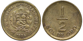 Перу 1/2 соля 1976 KM 265 латунь 4189-961