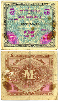 Германия, оккупация союзниками 5 марок 1944 девятизначный номер, без F Pick 193 b, Розенберг 202с бумага 7221-23-1-2