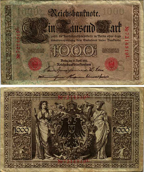 ГЕРМАНИЯ 1000 МАРОК 1910 КРАСНАЯ ПЕЧАТЬ, 7 ЦИФР В НОМЕРЕ Pick 44b бумага 6352-55-2-2