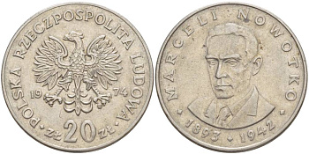 Польша 20 злотых 1974 MW, Марцелий Новотко KM 69, Parchimowicz 246 медно-никель 4542-1136