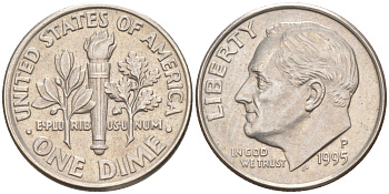 США 10 ЦЕНТОВ = 1 ДАЙМ 1995 P, РУЗВЕЛЬТ KM 195a медь плакированная медно-никелем 187-1116