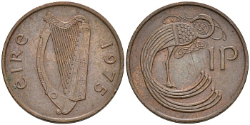 Ирландия 1 пенни 1975 птичка KM 20 бронза 92-145