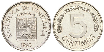 Венесуэла 5 сентимо 1983 Y 49a сталь плакированная никелем aUNC 4611-831