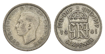 Великобритания 6 пенсов 1941 Георг VI (1936-1952) KM 852, Spink 4084 серебро 4644-1219