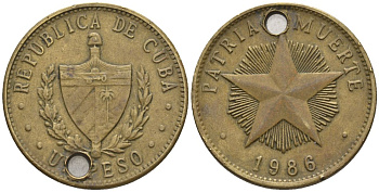Куба 1 песо 1986 KM 105, Schoen A34 латунь 4114-1153