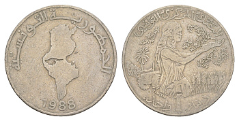Тунис 1 динар 1988 KM 319 медно-никель 4402-216