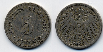 ГЕРМАНИЯ 5 ПФЕННИГОВ 1894 A, KM 11, J. 12 медно-никель 51-5245