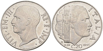ИТАЛИЯ 20 ЧЕНТЕЗИМО 1941 R, ГОД XIX, ВИКТОР ЭММАНУИЛ III (1900-1946) KM 75b, VEM3. 1028 нержавеющая сталь 3853-1113