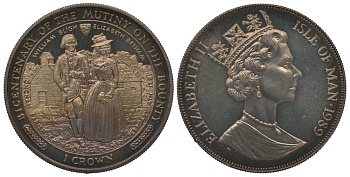 Остров Мэн 1 крона 1989 200 лет мятежу на паруснике Баунти, Уильям Блай и Елизавета Бетам, церковь KM 240 медно-никель UNC 00-00