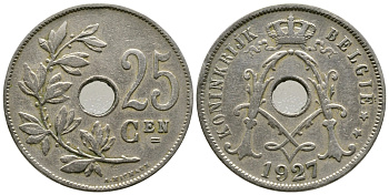 БЕЛЬГИЯ 25 САНТИМОВ 1927 BELGIE KM 69 медно-никель 177-1041