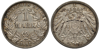 Германия 1 марка 1911 G, Weege 18, J. 17, KM 14 серебро aUNC 413-1211